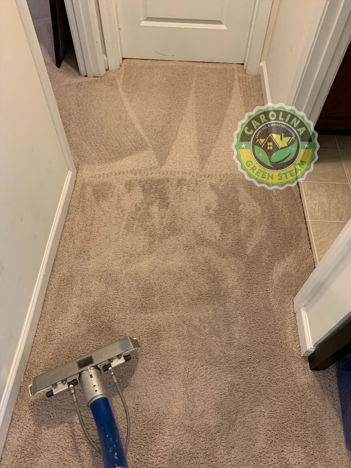 Hallway carpet cleaning in Summerville SC removing dark traffic lanes and embedded soil